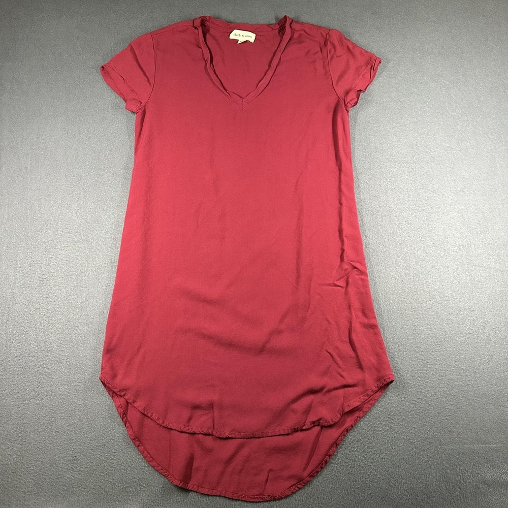 Cloth & Stone T-Shirt Dress Womens XS Red V Neck Hi Low Hem Rayon Short Sleeve
